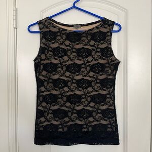 Women’s 90s Black Rosette Lace Sleeveless Blouse with Nude Underlayer S